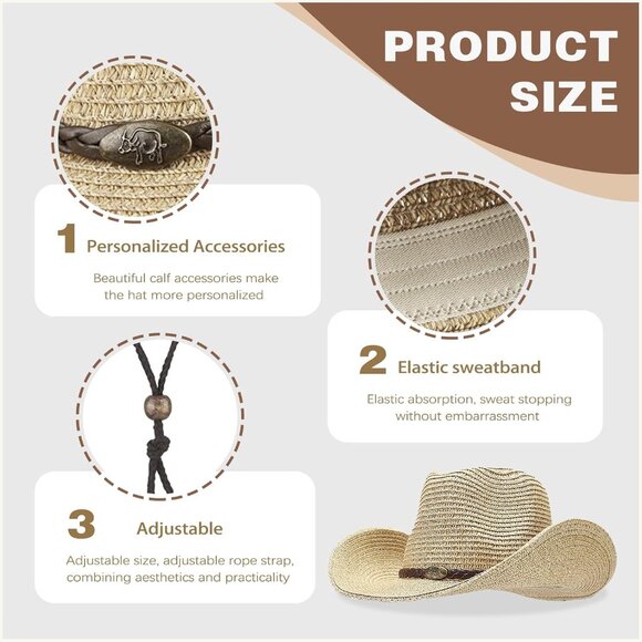 Straw Cowboy Hat Unisex Wide Brim Cowgirl Beach Sun Hat Holiday - Picture 3 of 6
